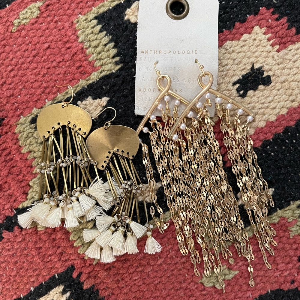 Anthropologie Gold and Cream Fringe Earrings